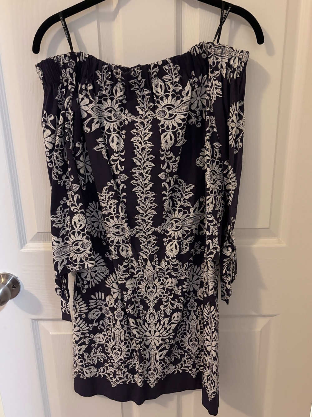 Navy Off-Shoulder Dress with White Floral Lace Print